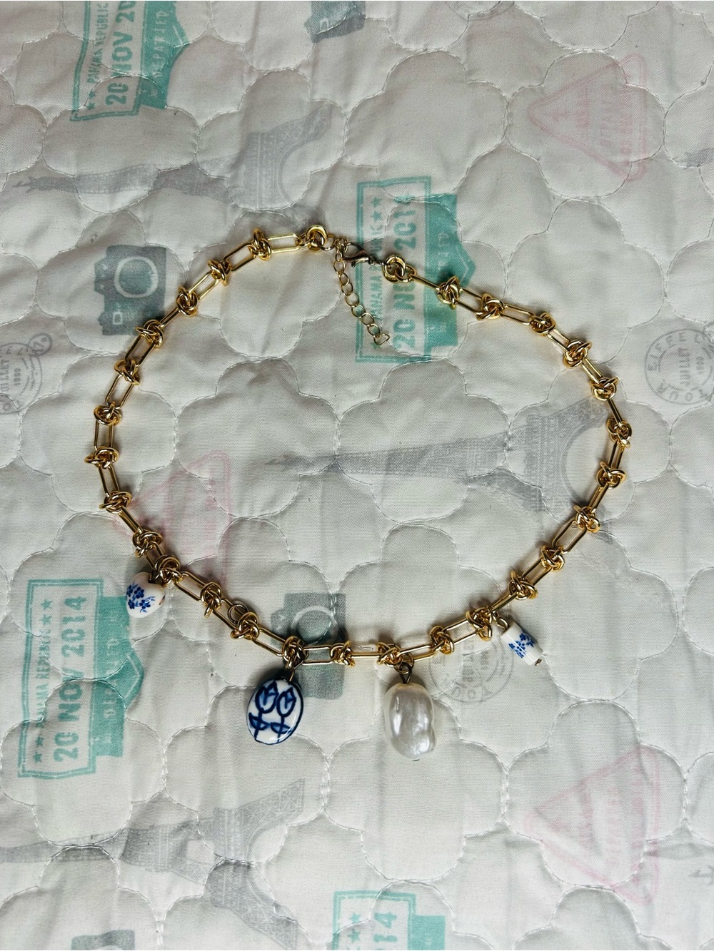 Gold Charm Necklace with Porcelain and Pearl Accents